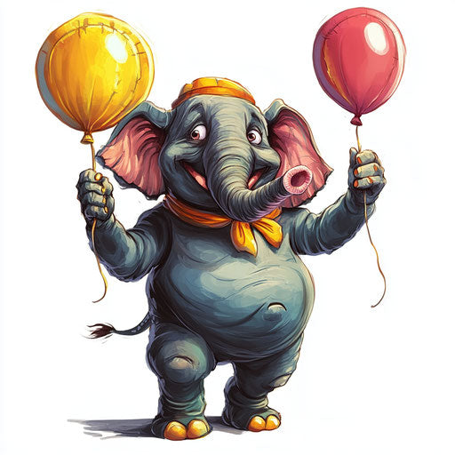 Humorous caricature of an elephant clipart with human characteristics, exaggerated dimpled chin, muscular legs, holding a balloon, vibrant colors, cartoon style, waving, high resolution, no background, isolated