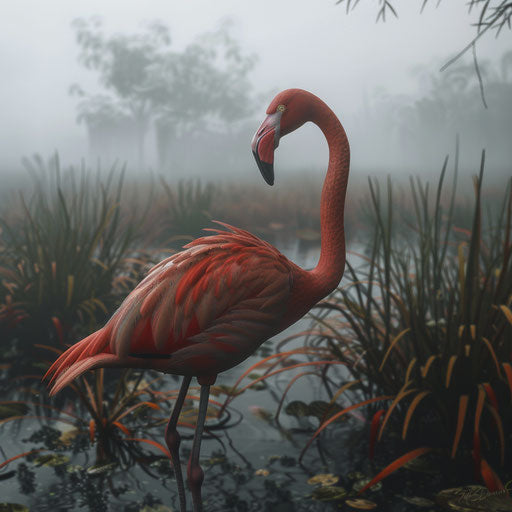 Flamingo in the misty morning marsh