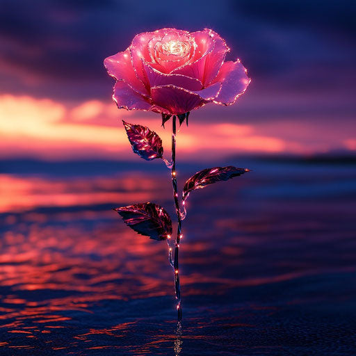 Light glow: pink rose on the sea at sunset