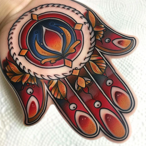 Neo-traditional hamsa tattoo design with dark colors on white background