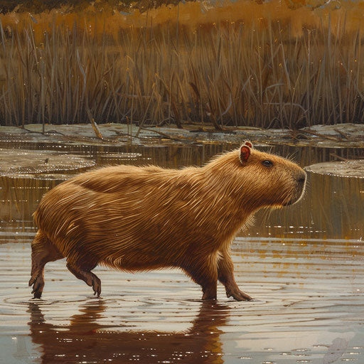 Capybara wading through shallow waters with serene backdrop