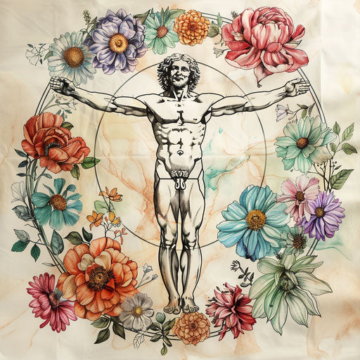 Serene tattoo sketch of the Vitruvian Man surrounded by watercolor flowers