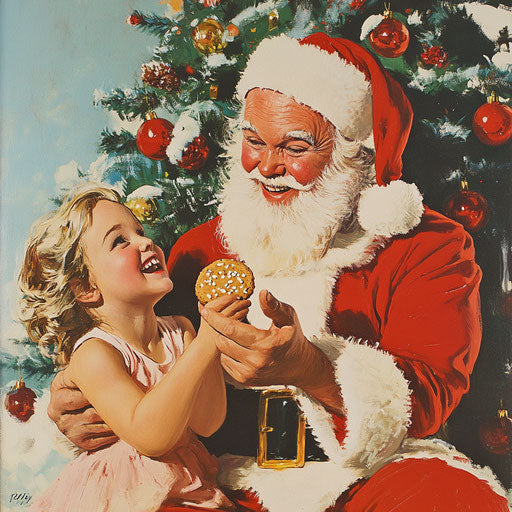 Sharing a cookie in front of decorated Christmas tree, smiles