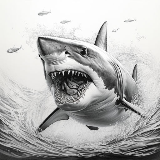 Black and white tattoos of a shark in the ocean