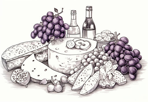 Fruits coloring pages with everyday objects style, light black and violet, traditional animation, 1970-present, cheesemaking, creative commons attribution 33:23
