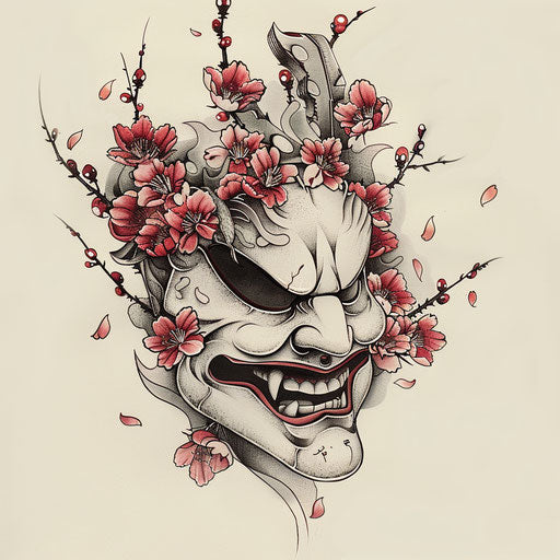 Elegant flat tattoo sketch of a Hannya mask adorned with cherry blossoms
