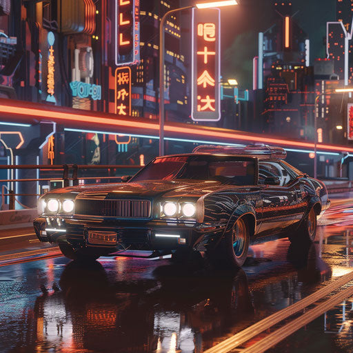 Cyberpunk-inspired 1976 Malibu Classic with holographic paint and digital displays, cruising through a futuristic city