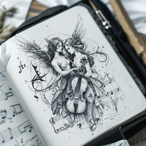 Harmonious flat tattoo sketch of an angel and devil sharing music
