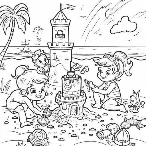Children building sandcastle at beach. Coloring book page