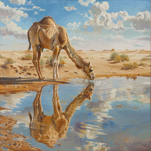 Camel at desert spring, reflection blending in water