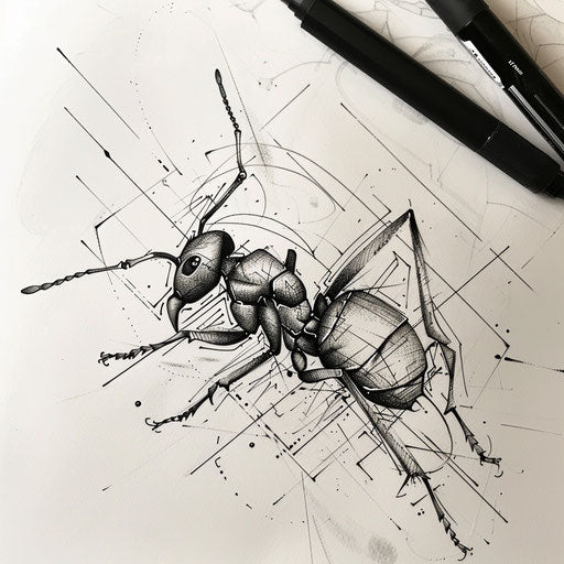 Dynamic flat tattoo sketch of an ant in motion with abstract trailing lines