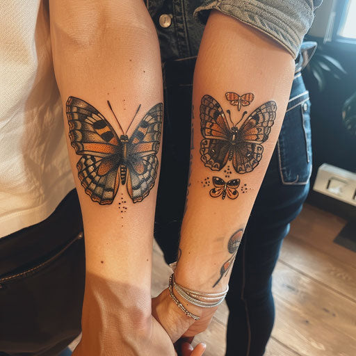 Brother and sister tattoos of a butterfly, Maria Sibylla Merian style