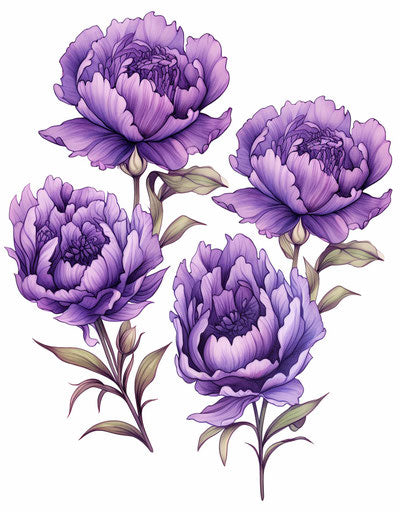 Three floral tattoo designs, purple peonies, flat style