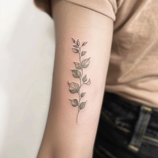 Minimalist vine tattoo concept with subtle green and black shades, featuring delicate leaves, displayed prominently against a white canvas.