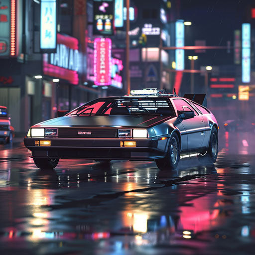 1981 DeLorean DMC-12 transformed into futuristic roadster gliding through neon-lit cityscape at night