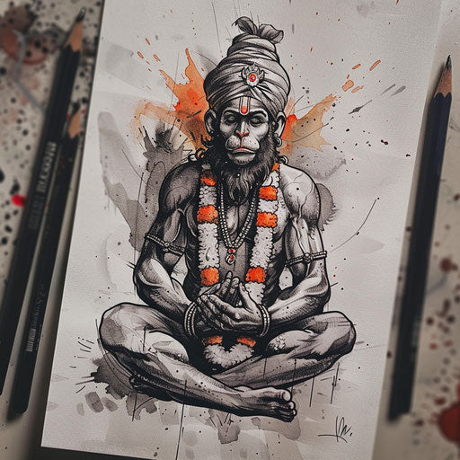 Elegant flat tattoo sketch with watercolor effects of Hanuman praying