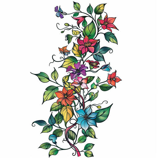 Colorful vine tattoo artwork with flowers and leaves