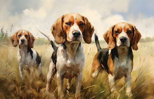 Beagles in fields in eerie realistic style with sharp angles