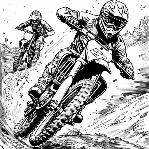 Humorous dirt bike race with exaggerated expressions