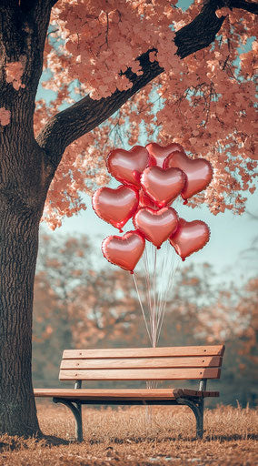 Bench under a tree with heart-shaped balloons