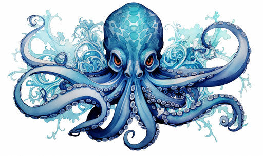 Elegant octopus tattoo in navy and azure, hand-drawn animation