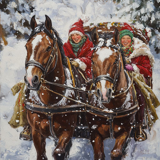 Pair of spirited bay horses pulling a carolers' wagon