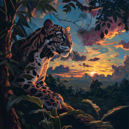 Bornean clouded leopard in canopy, colorful sunset horizon