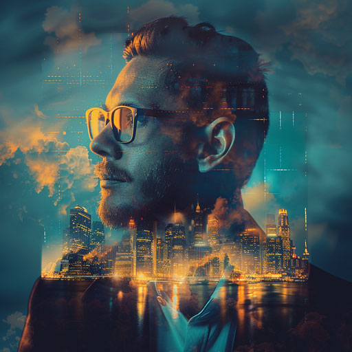 Businessman with growing city backdrop