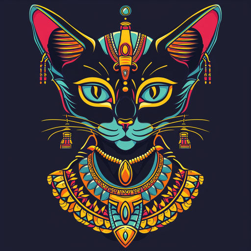 Vibrant and colorful flat tattoo sketch of Bastet as a regal Egyptian goddess
