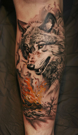Wolf and flame tattoo, Alan Lee style, detailed hunting scenes