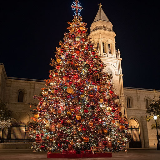 Christmas tree in front of cathedral with handmade religious ornaments