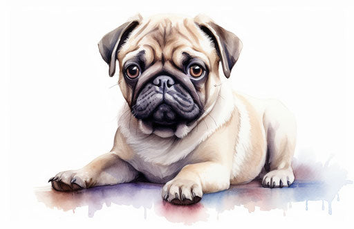 Pug with white background, light maroon and light beige style, heavy shading 17:11
