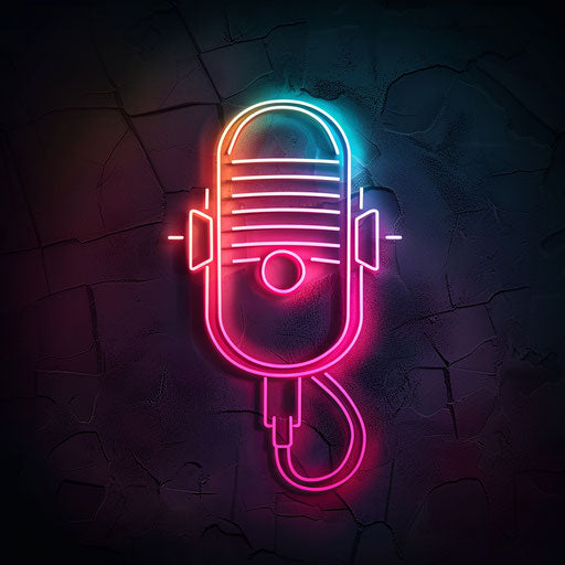 Retro podcast logo with neon colors on dark background