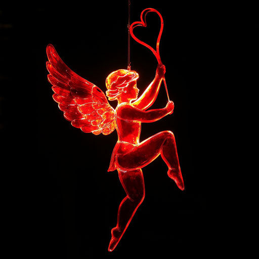 Lit red silhouette of Cupid with a heart on black background
