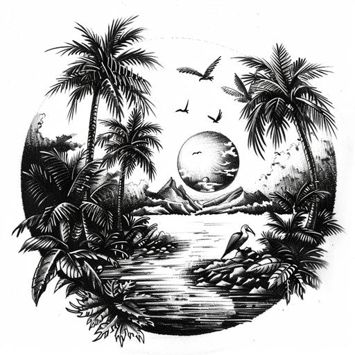 Exotic flat tattoo sketch of a lush tropical riverside