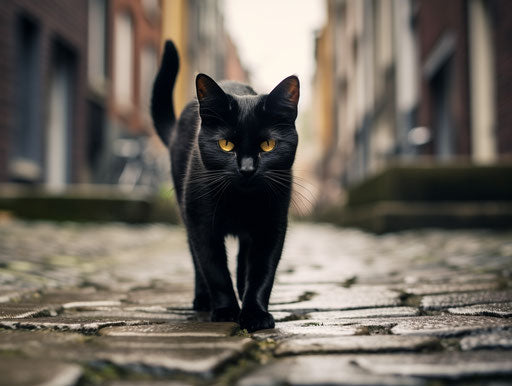 A black cat walking on a small street with stones across, expressive body language style, supernatural creatures 4:3