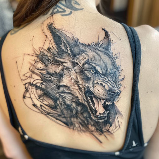 Fenrir wolf tattoo, capturing the ferocity and strength of the mythical creature