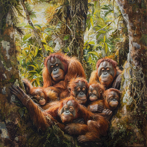Tapanuli orangutan family resting in a tree