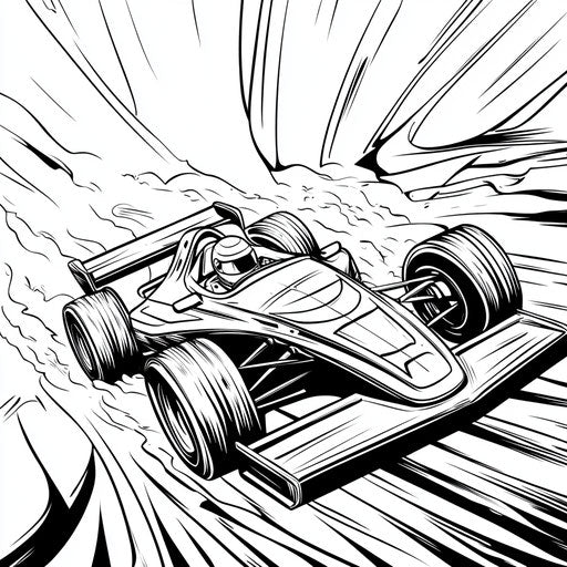 Race car with superhero graphics, in the style of Butch Hartman, Coloring book page