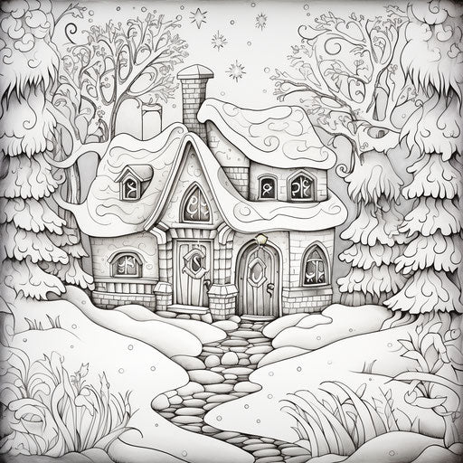 Coloring page of a house and trees in wintertime with snowflakes
