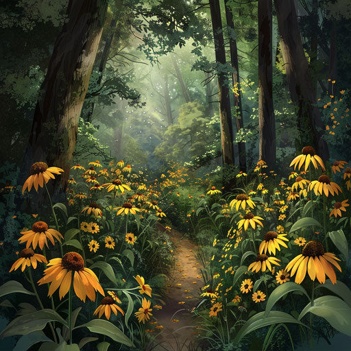 Yellow flowers leading to an enchanted forest