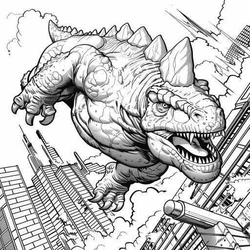 Dinosaur superhero saving the day, Mike Zeck style, Coloring book page