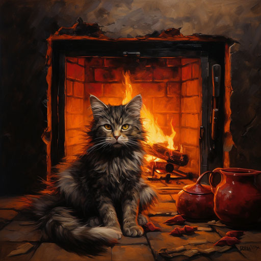Manx cat in front of a fireplace fire