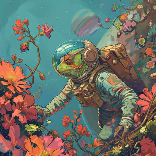 Chameleon astronaut blending into alien flora on planet