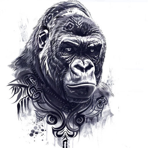 Fantasy gorilla tattoo design with mythical elements on white background