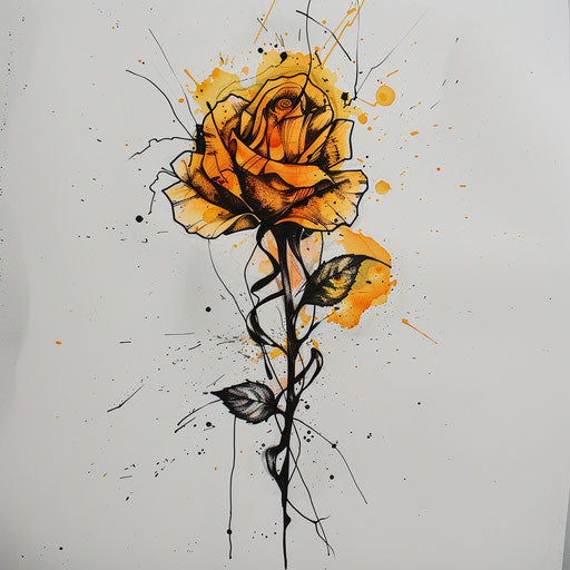 Dynamic sketch of a yellow rose in splattered ink style