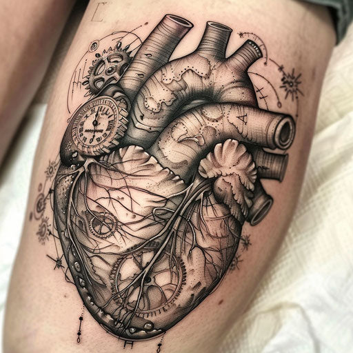 Anatomical heart tattoo with metallic clockwork elements