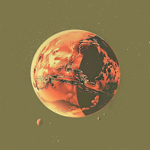 Mars illustration with flat olive background, soft gradients and refined linework