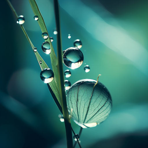 Water droplets on green background, graceful balance