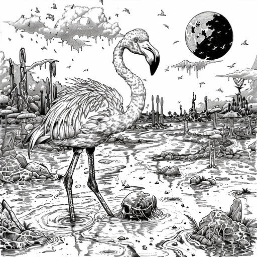 Heroic flamingo in an epic scene in the style of a Mark Schultz Coloring book page